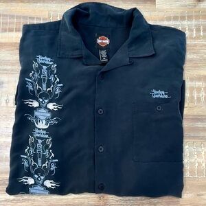 Harley Davidson Black Short Sleeve Button Down Skull Embroidered Shirt